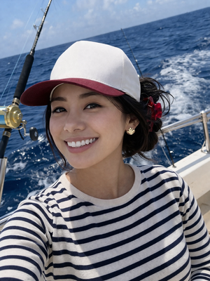 Woman on a boat wearing a red and white cap, hair pinned back with an Essential Hold claw clip in Merlot