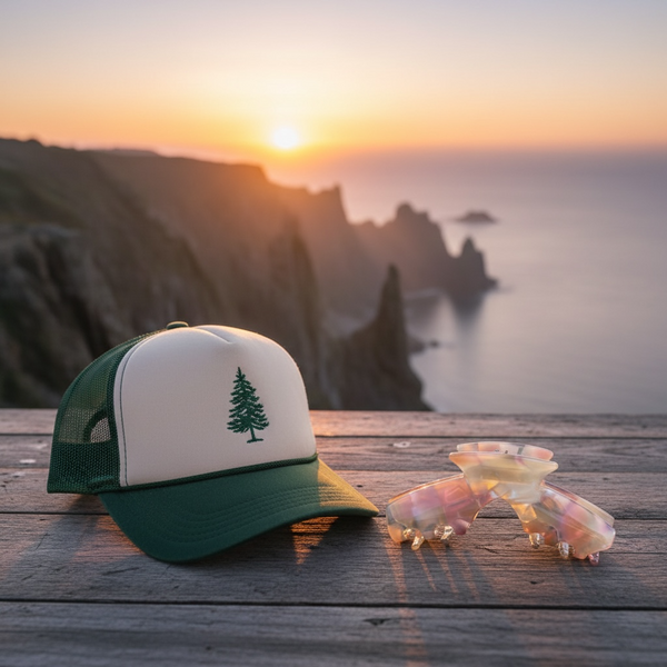 Aura pastel blend hat claw clip displayed beside a trucker hat, designed for comfortable hairstyles while wearing hats.
