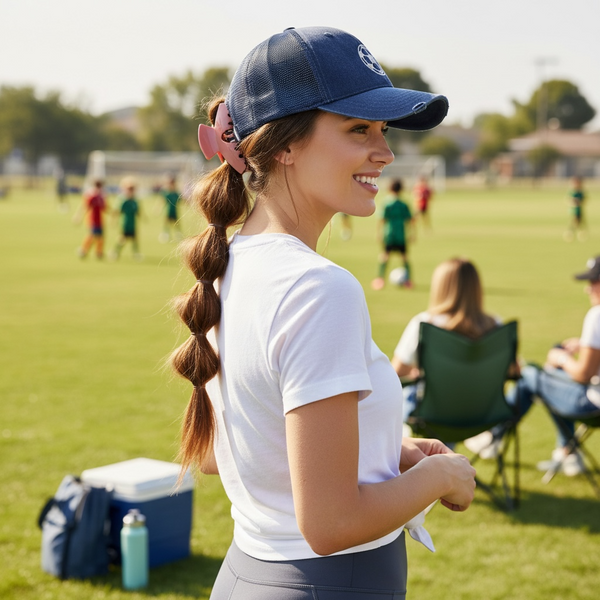 Woman in a sports setting with a navy blue cap and baddie clip Muse hair claw with a white shirt, standing on a grassy field with people and chairs in the background.