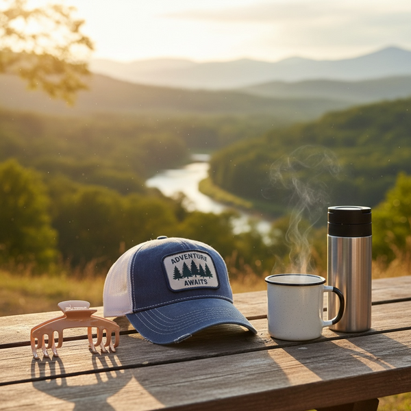 Biscotti warm beige hat claw clip displayed beside a trucker hat, mug, and thermos at an outdoor overlook.
