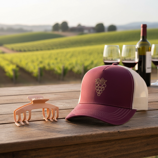 Biscotti warm beige hat claw clip displayed beside a burgundy trucker hat at a vineyard, styled for relaxed everyday hat wear.