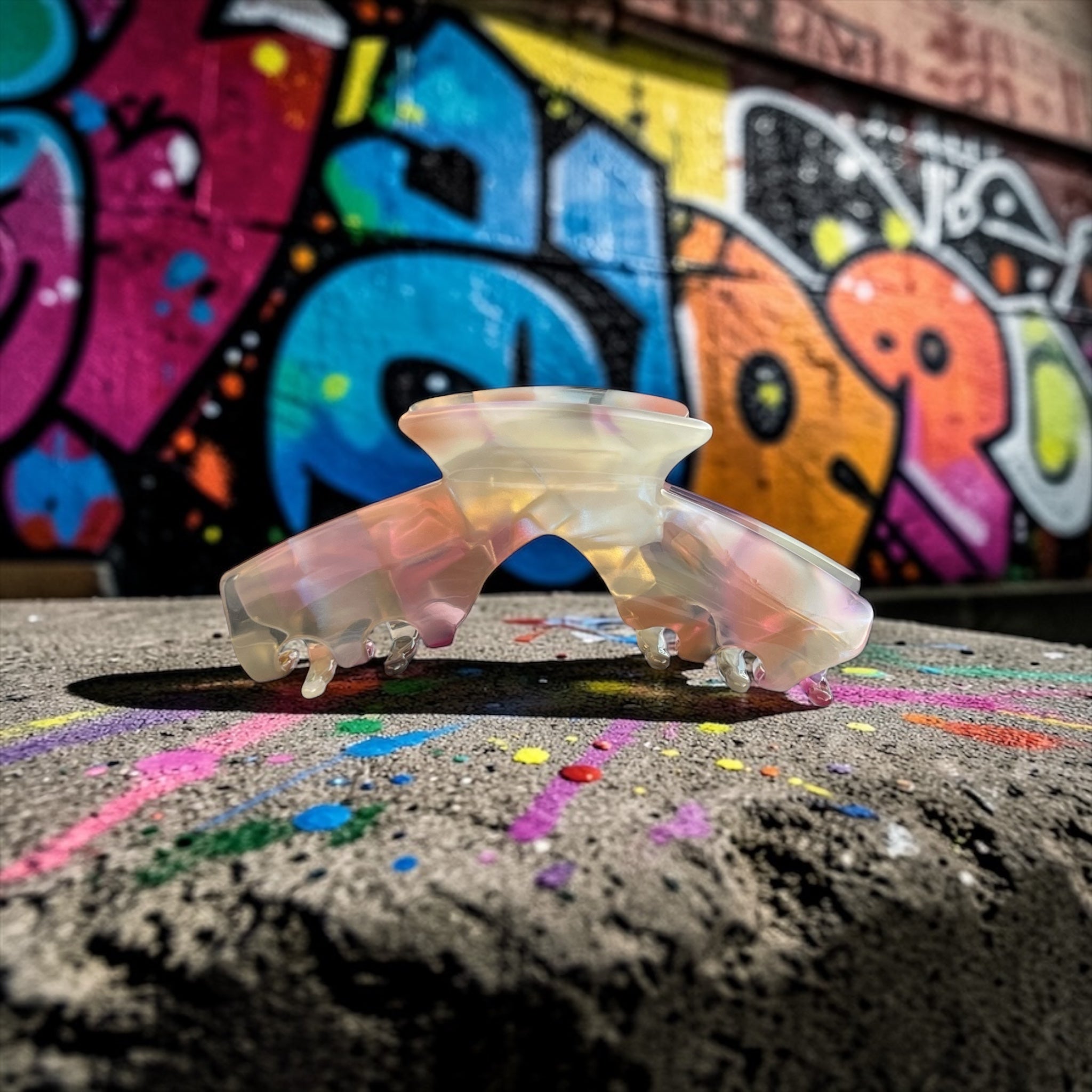 Baddie Clip hat claw in pink against a graffiti wall