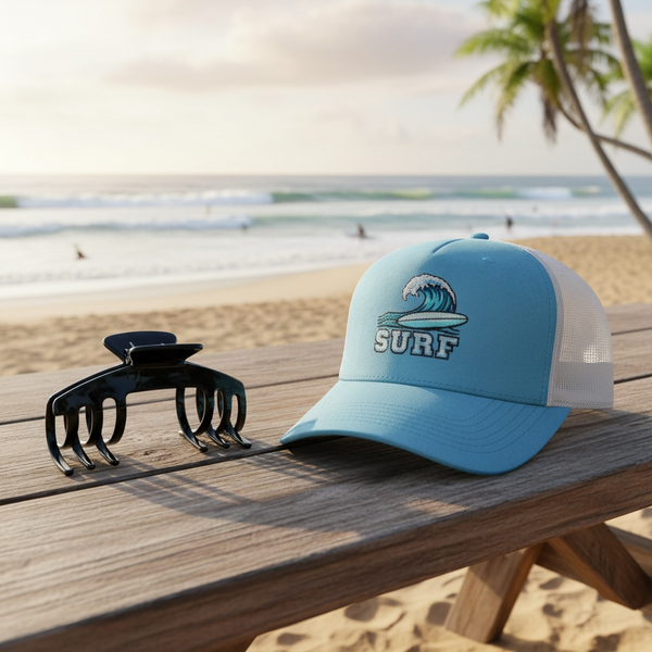Eclipse glossy black hat claw clip displayed beside a blue trucker hat at the beach, designed for comfortable hat hairstyles.