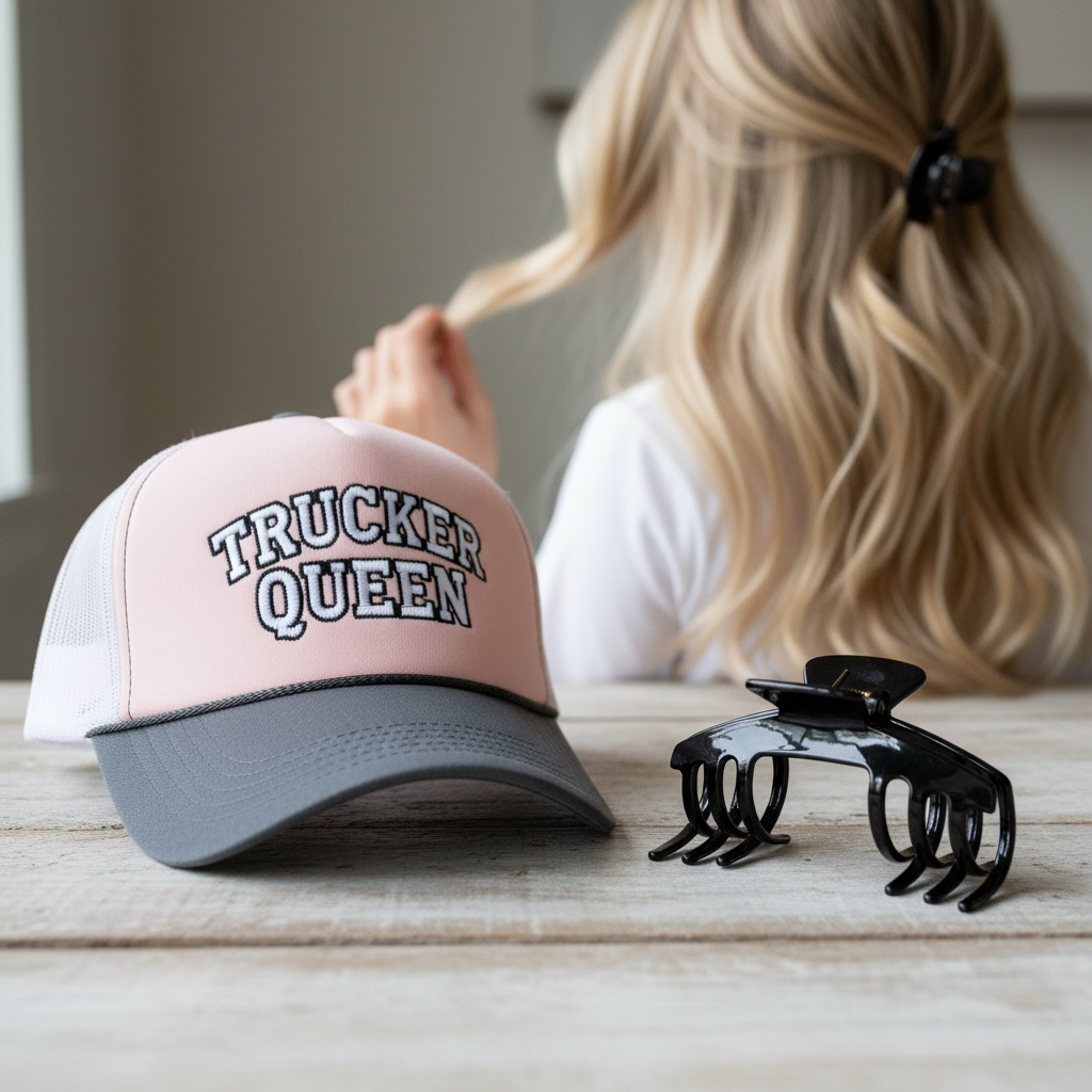 Eclipse glossy black hat claw clip displayed beside a trucker hat with long blonde hair in the background.