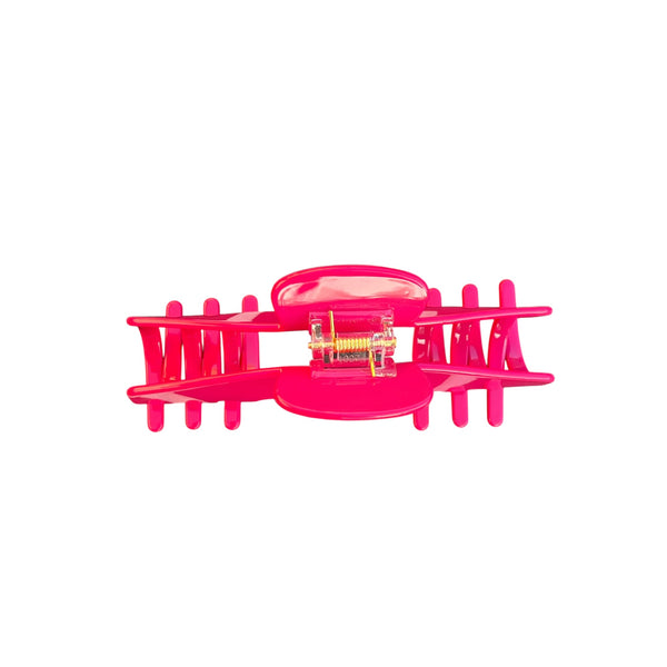 Back view of the Fuchsia hot pink hat claw clip showing the spring hinge and wide opening designed to hold thick hair securely.