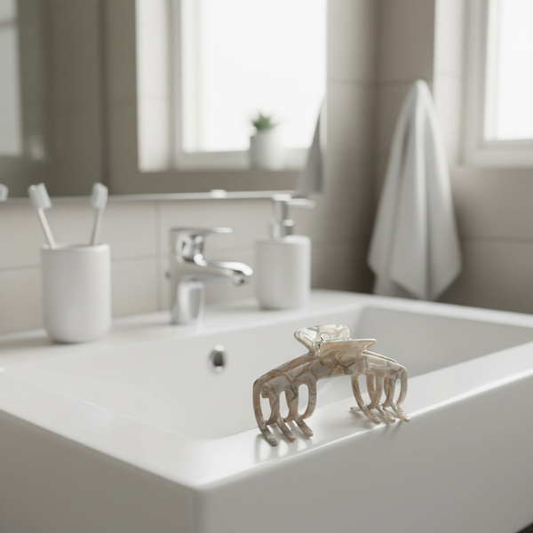 Halo pearl beige hat claw clip displayed beside a bathroom sink, styled as an easy everyday hair accessory.