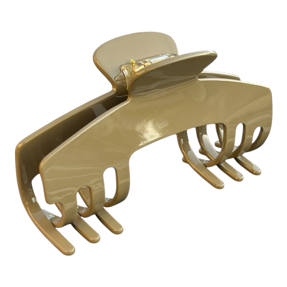 Front view of the Haven taupe hat claw clip designed with a strong grip for thick, long hair and comfortable wear with hats.