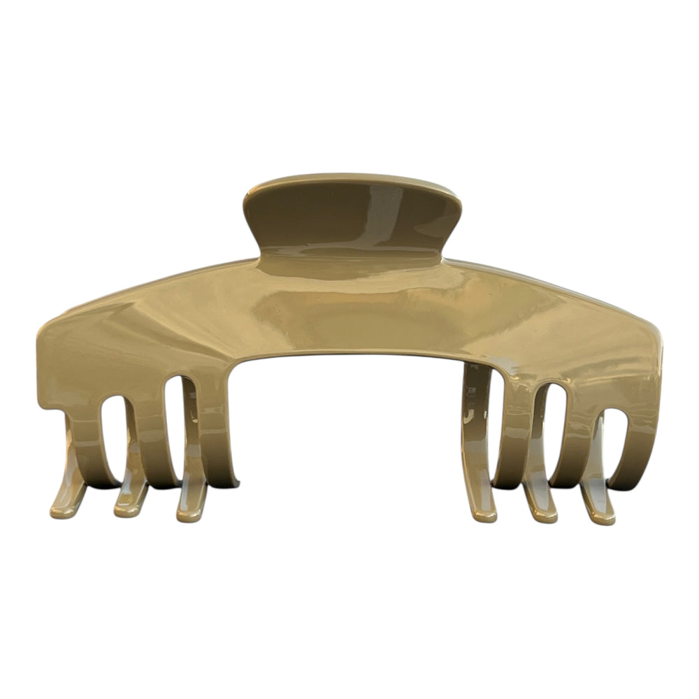 Front view of the Haven taupe hat claw clip designed with a strong grip for thick, long hair and comfortable wear with hats.