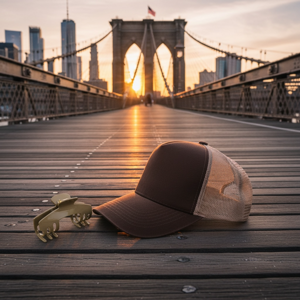 Haven taupe hat claw clip displayed beside a trucker hat on the Brooklyn Bridge, designed for secure hairstyles while wearing hats.