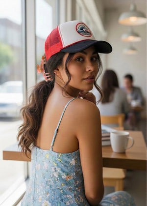 Woman in a coffee shop wearing a red and white trucker hat with her hair clipped up in a Blush pink Baddie Clip hat claw clip.