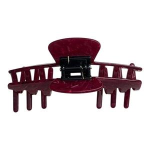 Back view of the Merlot burgundy hat claw clip showing the spring hinge and wide opening for a secure hold.