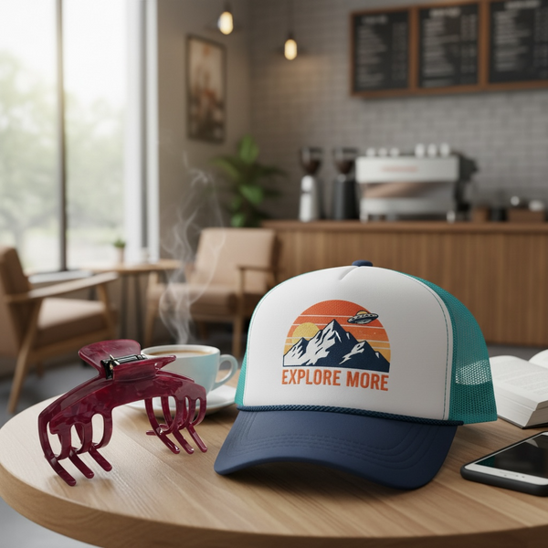 Merlot burgundy hat claw clip displayed beside a trucker hat in a cafe setting, designed for comfortable everyday hat hairstyles