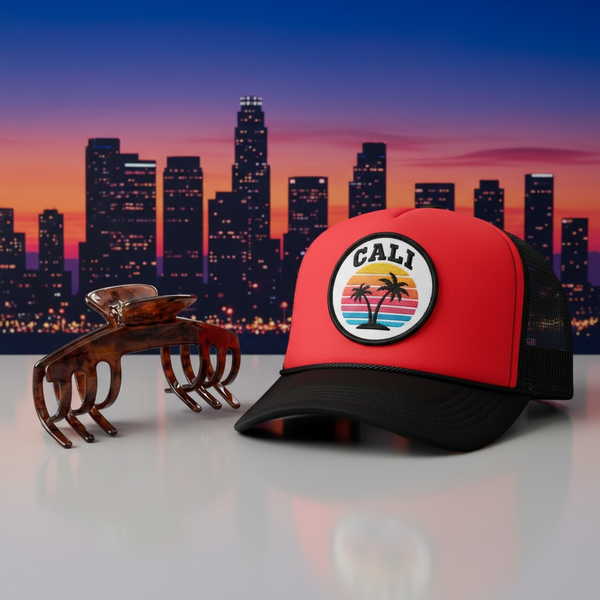 Mocha brown tortoise hat claw clip displayed beside a red trucker hat with a city skyline in the background, designed for hat-friendly hairstyles.