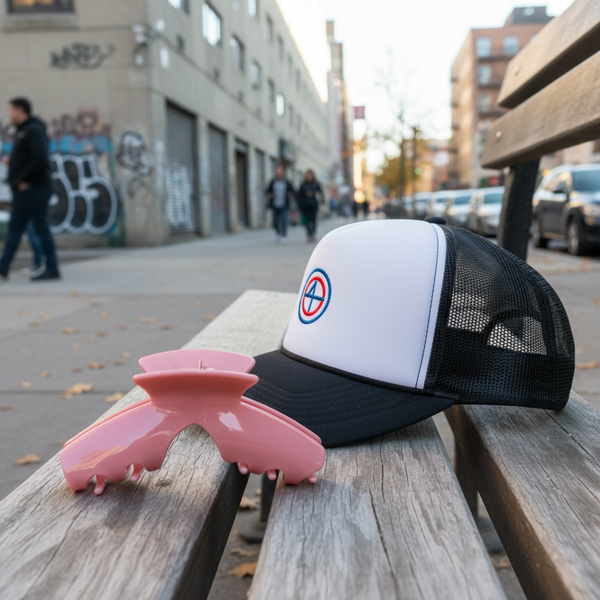 Muse pink hat claw clip displayed beside a trucker hat, designed for secure and comfortable hairstyles while wearing hats.