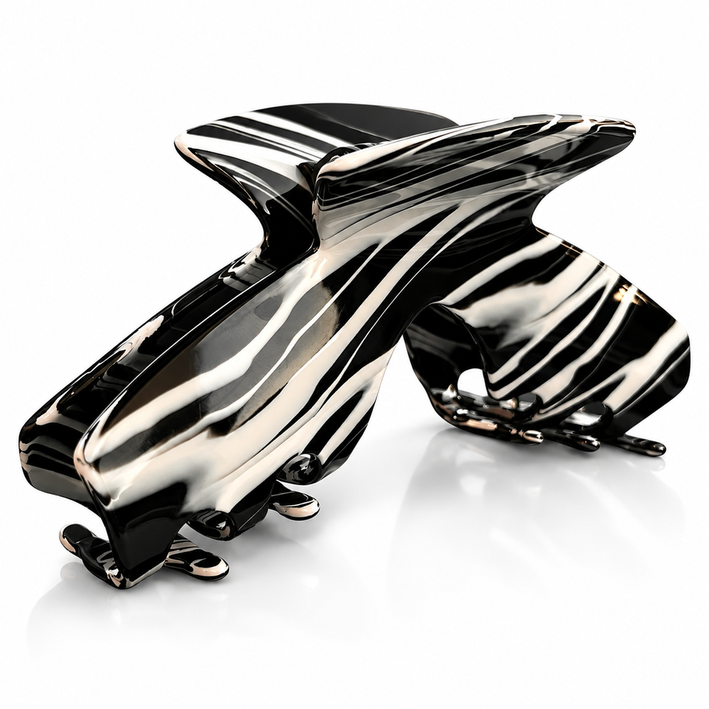 Front view of the Noir black and white swirl hat claw clip designed for secure, comfortable hairstyles with baseball caps, trucker hats, and golf hats.