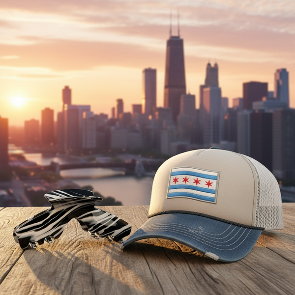 Noir black and white swirl hat claw clip displayed beside a trucker hat, designed for comfortable hairstyles while wearing hats.