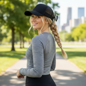 Woman with braided hair wearing a black cap with Baddie Clip in color Noir and gray long-sleeve shirt in a park with city skyline in the background