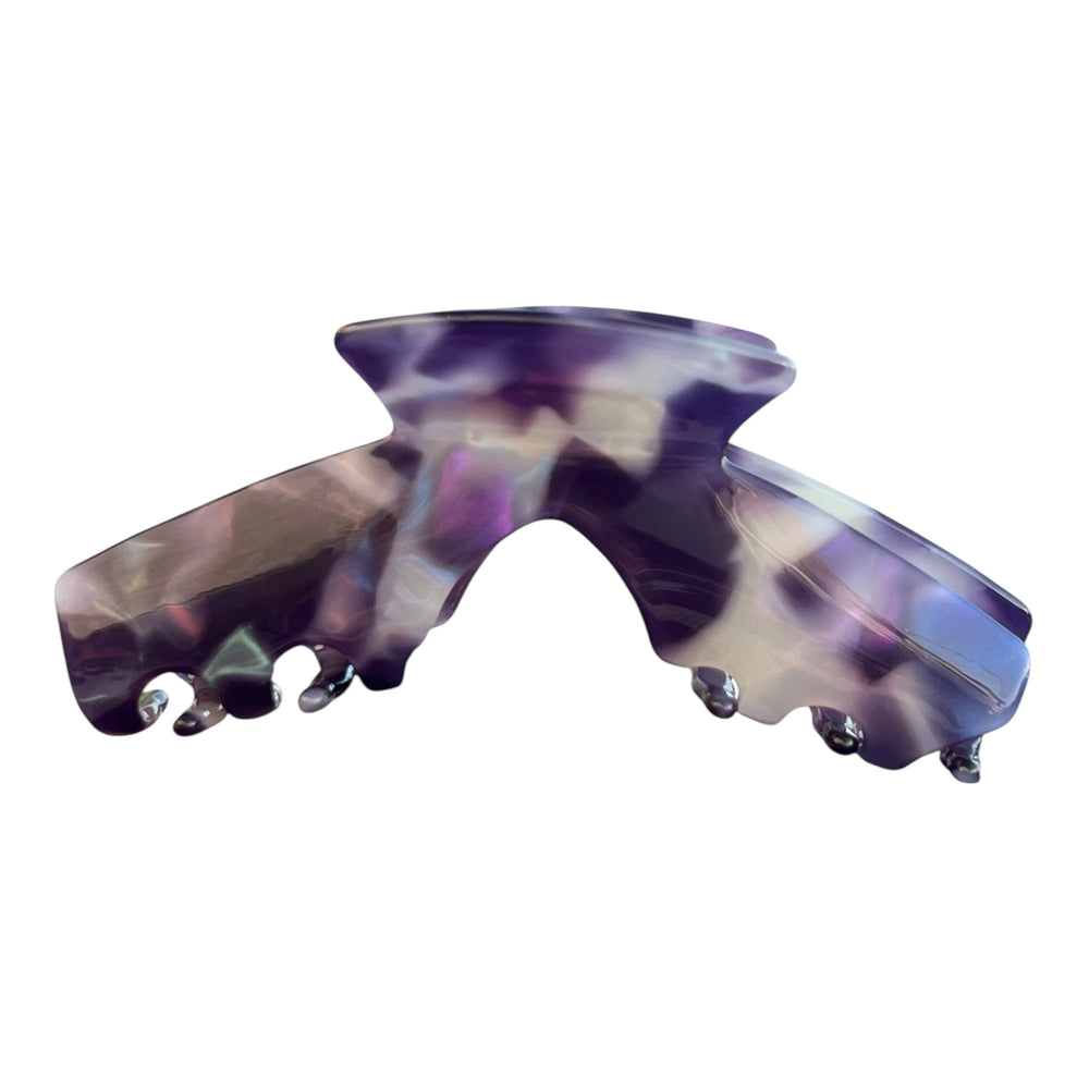 Front view of the Nova purple marble hat claw clip designed for secure, comfortable hairstyles with baseball caps, trucker hats, and golf hats.