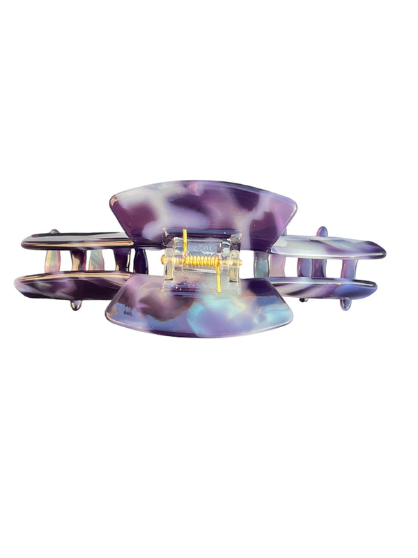 Top view of the Nova purple marble hat claw clip showing the hinge and wide opening for a secure, comfortable hold.