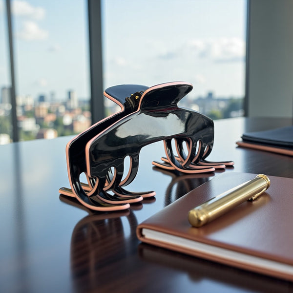 Onyx black hat claw clip displayed on a desk beside a notebook and pen, styled for everyday work and polished hat hairstyles.