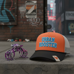 Orchid purple marble hat claw clip displayed beside an orange trucker hat in an urban setting, designed for hat-friendly hairstyles.