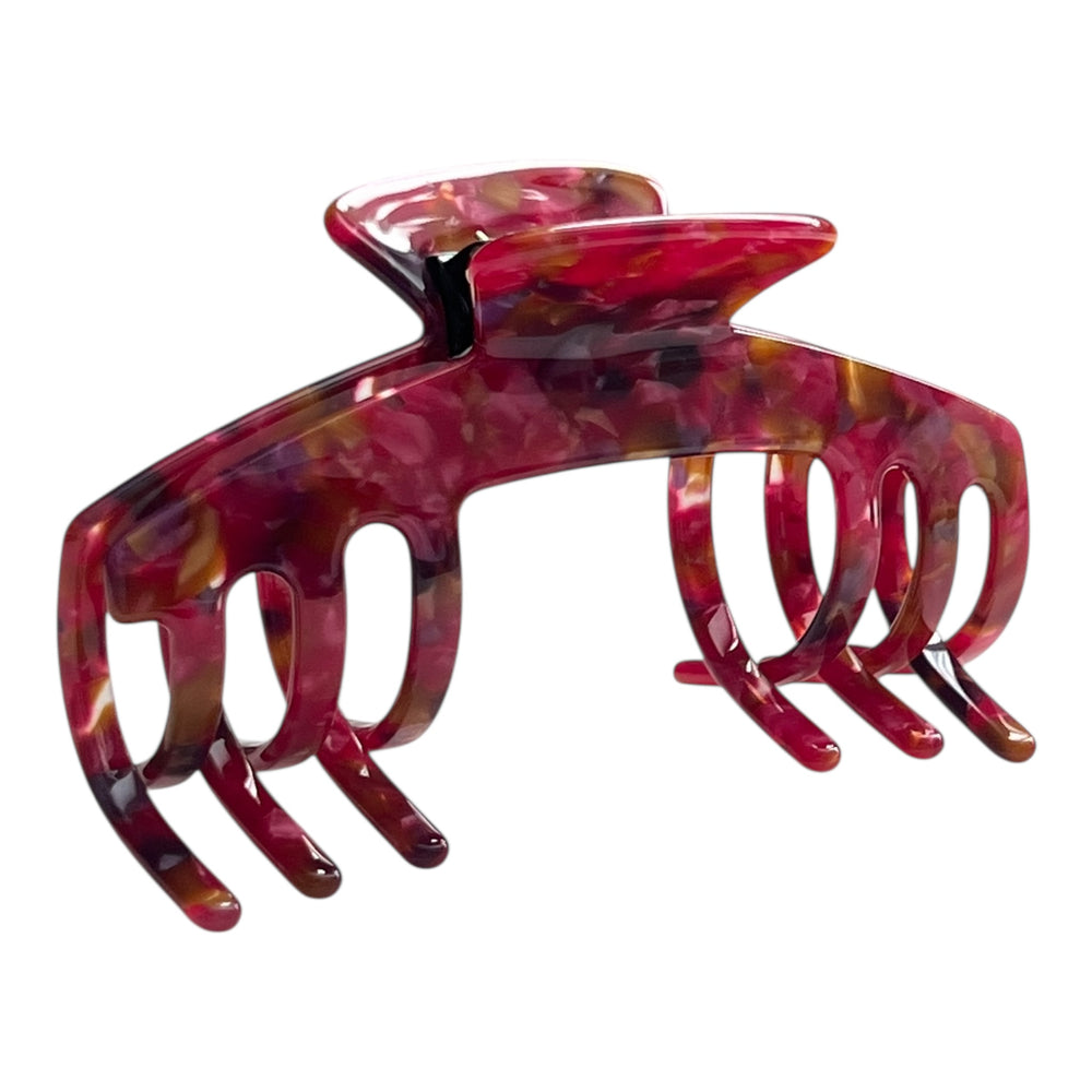Front view of the Ruby red mosaic hat claw clip designed for secure, comfortable everyday hairstyles with hats.