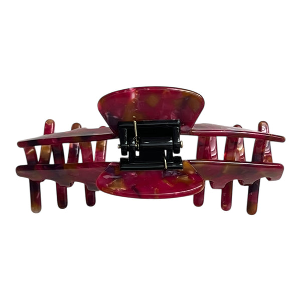 Back view of the Ruby red mosaic hat claw clip showing the spring hinge and wide opening for a secure hold.