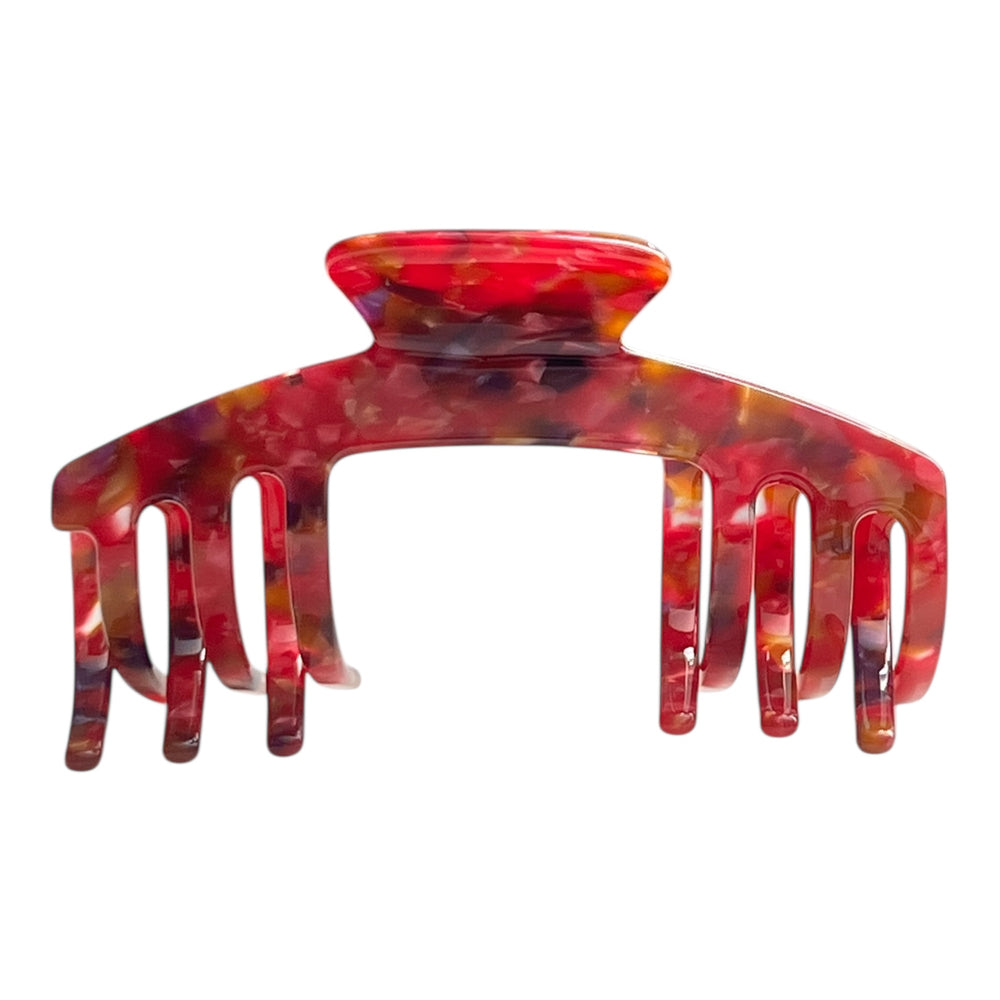 Front view of the Ruby red mosaic hat claw clip designed for secure, comfortable everyday hairstyles with hats.