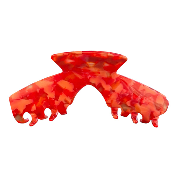 Front view of the Scarlet red mosaic hat claw clip designed for secure, comfortable hairstyles with baseball caps, trucker hats, and golf hats.