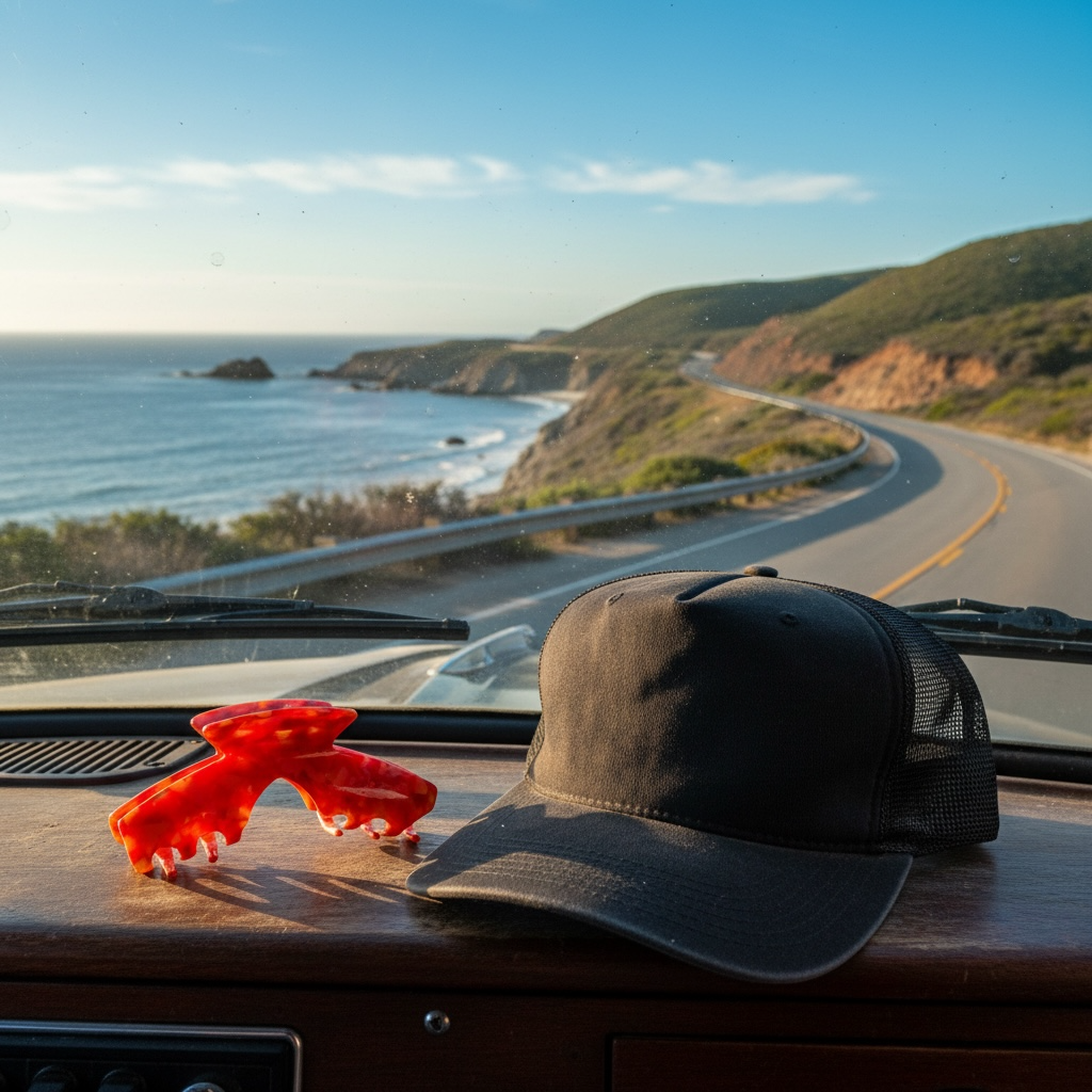Scarlet red mosaic hat claw clip displayed beside a trucker hat during a coastal drive, designed for comfortable hat hairstyles.