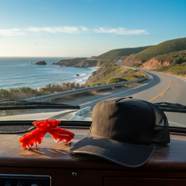 Scarlet red mosaic hat claw clip displayed beside a trucker hat during a coastal drive, designed for comfortable hat hairstyles.