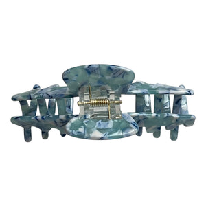 Back view of the Sea Glass blue marble claw clip showing the hinge, spring, and claw opening.