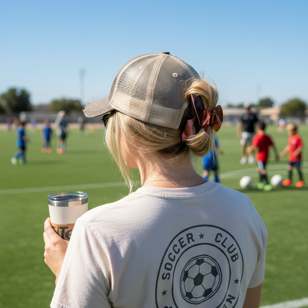Person wearing a 'Soccer Club' t-shirt  with a mesh hat and Baddie Clip Siren claw clip for her hair on a soccer field with children playing.
