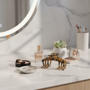Tortoise brown marble hat claw clip displayed on a vanity beside beauty accessories, styled for polished everyday wear.