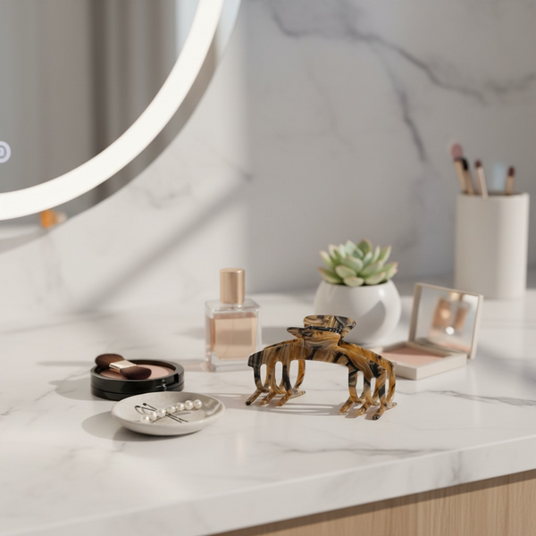 Tortoise brown marble hat claw clip displayed on a vanity beside beauty accessories, styled for polished everyday wear.