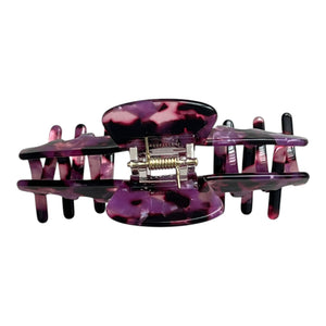 Back view of the Velvet purple tortoiseshell hat claw clip showing the spring hinge and wide opening for a secure hold.