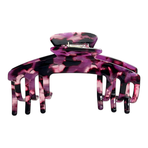 Front view of the Velvet purple tortoiseshell hat claw clip designed for secure styling on short to medium hair.