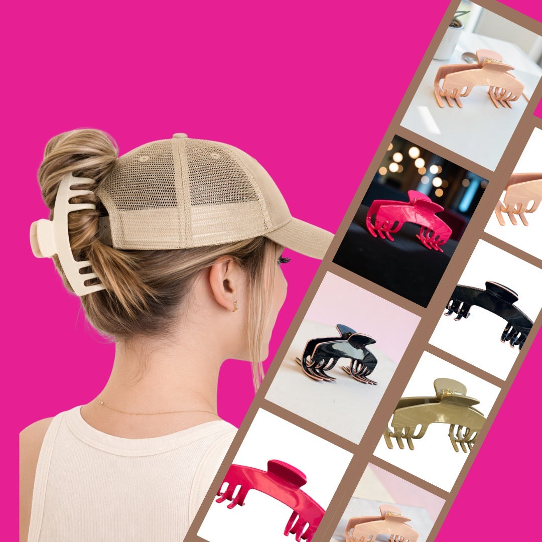 Woman wearing a beige trucker hat with her hair clipped up in a cream Baddie Clip, beside a collage of hat claw clips in pink, black, olive, and nude.
