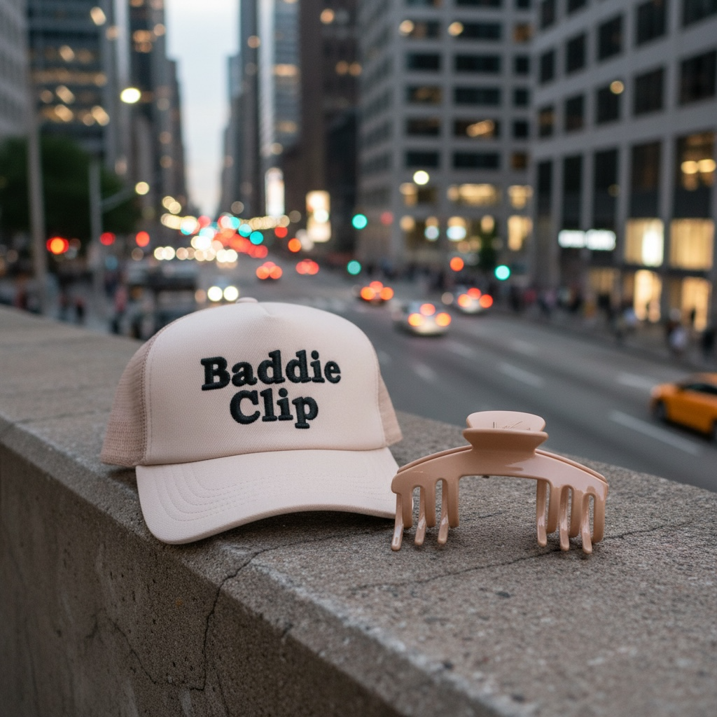 Biscotti warm beige hat claw clip beside a pink Baddie Clip branded trucker hat on a city street ledge.