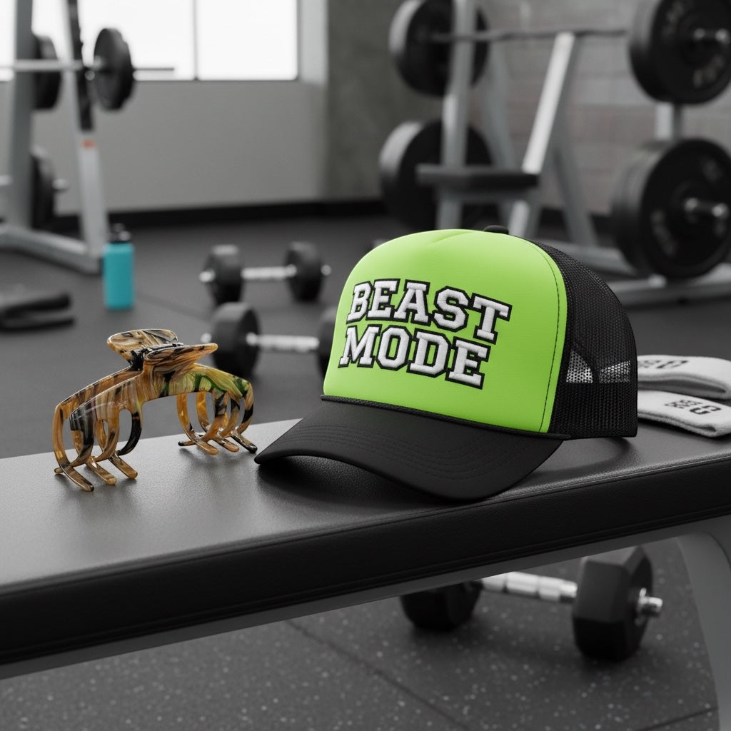 Tortoise brown marble hat claw clip beside a neon green Beast Mode trucker hat on a gym bench, shown with weights in the background.